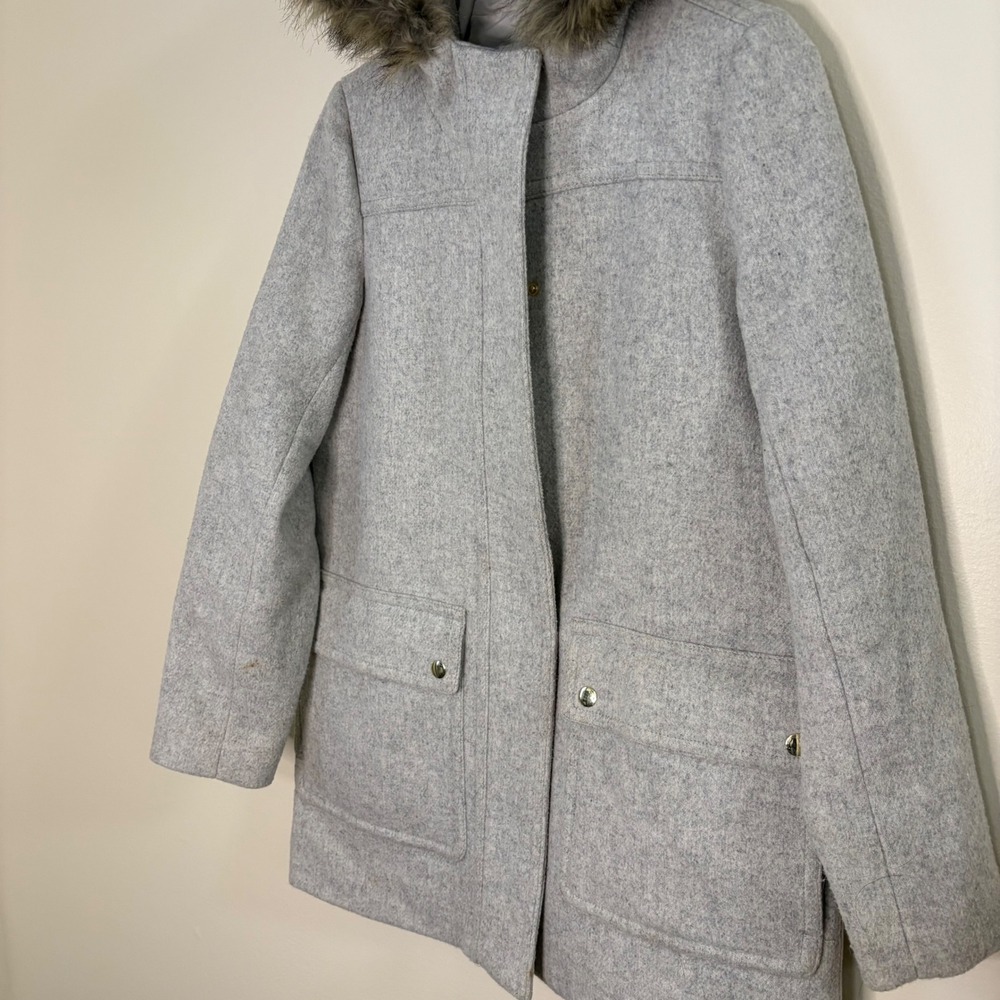 J.Crew Parka Coat Womens 2 Grey Faux Fur Hood Wool Blend Winter Jacket - Picture 2 of 5